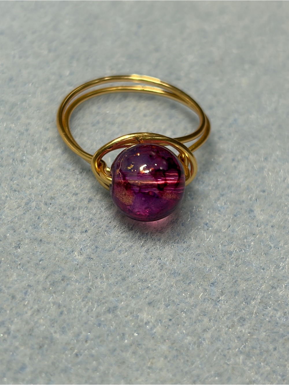 Gold Wire Ring with Purple Glass Bead